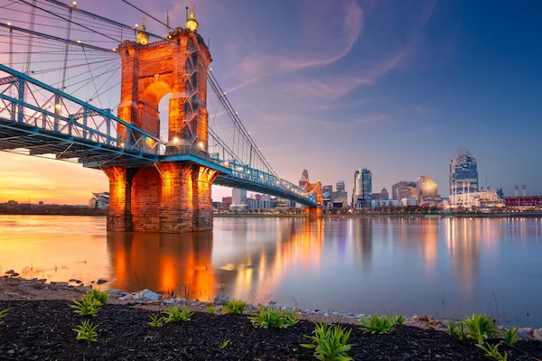 Cincinnati, Ohio, USA downtown skyline with Ohio River at sunset
